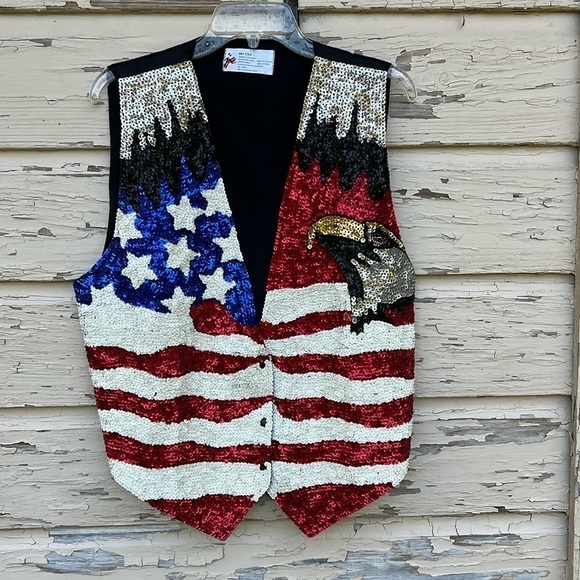 Vintage JC Sequin American Flag Eagle Stars Stripes Flag Patriotic Vest - Picture 1 of 6